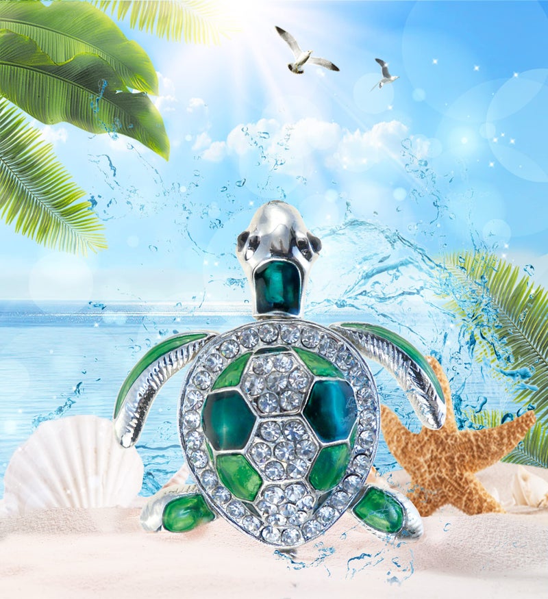 Puzzled COTA Global Sea Turtle Fridge Magnet - Elegant Sparkly Green and Silver Rhinestone Crystals Magnetic Fridge Decoration, Cute Ocean Life Decor for Fridge, Locker, Novelty Decor Turtle Magnet - Image 2